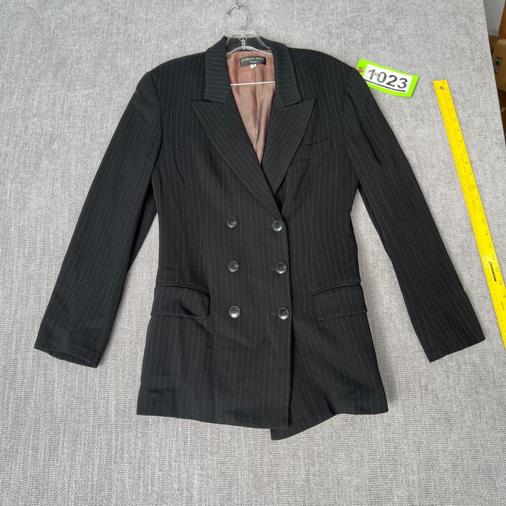 Philippe Adec Blazer Jacket Womens 6 Black Pinstripe Wool Blend Double Breasted